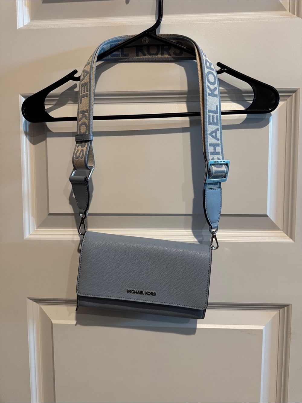 Michael Kors Sky Blue Pebbled Leather Crossbody with Logo Strap